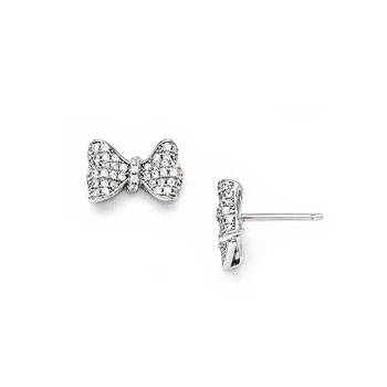 Gorgeous Silver Bow Earrings for Tween and Teen Girls - Cubic Zirconia (CZ) - Sterling Silver Rhodium - Push-Back Posts with Silicone Earring Backs - BEST SELLER