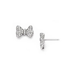 Gorgeous Silver Bow Earrings for Tween and Teen Girls - Cubic Zirconia (CZ) - Sterling Silver Rhodium - Push-Back Posts with Silicone Earring Backs - BEST SELLER/