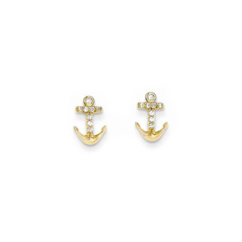Absolutely Adorable Gold CZ Anchor Earrings for Girls - 14K Yellow Gold - Push-Back Posts - BEST SELLER