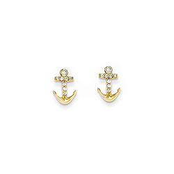 Absolutely Adorable Gold CZ Anchor Earrings for Girls - 14K Yellow Gold - Push-Back Posts - BEST SELLER/