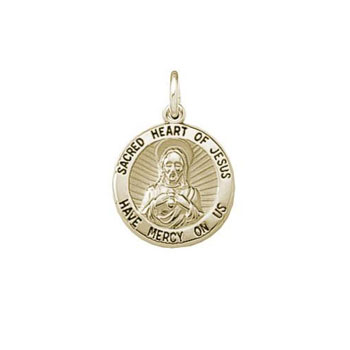 Sacred Heart of Jesus Pendant Necklace - Medium 19mm Round Hollow Pendant - 14K Yellow Gold - 18-inch heavy rope chain included - Engravable - BEST SELLER
