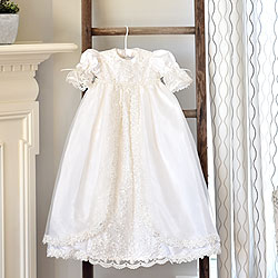 Charlotte Avery - Handmade Heirloom Dupioni Silk Pearl Sequin Christening Gown with Matching Christening Bonnet Set - Size S (6 - 9 months) - BEST SELLING Baptism Dress/