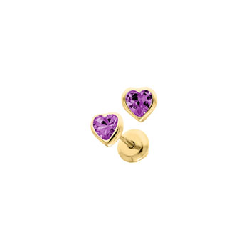 Heart February Birthstone 14K Yellow Gold CZ Screw Back Earrings for Babies & Toddlers - Heart CZ Amethyst Birthstone - Safety threaded screw back post - BEST SELLER