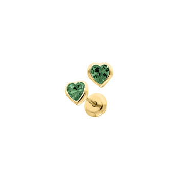 Heart May Birthstone 14K Yellow Gold CZ Screw Back Earrings for Babies & Toddlers - Heart CZ Emerald Birthstone - Safety threaded screw back post - BEST SELLER