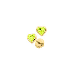 Heart August Birthstone 14K Yellow Gold CZ Screw Back Earrings for Babies & Toddlers - Heart CZ Peridot Birthstone - Safety threaded screw back post - BEST SELLER/