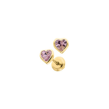 Heart October Birthstone 14K Yellow Gold CZ Screw Back Earrings for Babies & Toddlers - Heart CZ Pink Tourmaline  Birthstone - Safety threaded screw back post - BEST SELLER