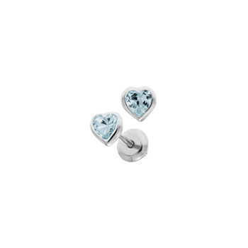 Heart March Birthstone Sterling Silver Rhodium CZ Screw Back Earrings for Babies & Toddlers - Heart CZ Aquamarine Birthstone - Safety threaded screw back post - BEST SELLER