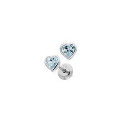 Heart March Birthstone Sterling Silver Rhodium CZ Screw Back Earrings for Babies & Toddlers - Heart CZ Aquamarine Birthstone - Safety threaded screw back post - BEST SELLER/