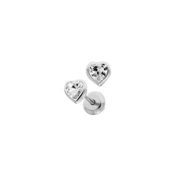 Heart April Birthstone Sterling Silver Rhodium CZ Screw Back Earrings for Babies & Toddlers - Heart CZ White Topaz Birthstone - Safety threaded screw back post - BEST SELLER