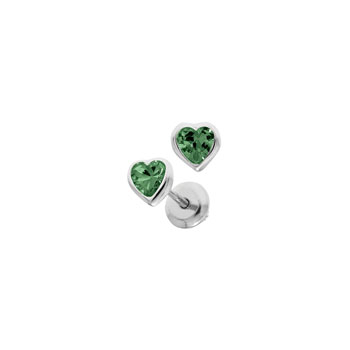 Heart May Birthstone Sterling Silver Rhodium CZ Screw Back Earrings for Babies & Toddlers - Heart CZ Emerald Birthstone - Safety threaded screw back post - BEST SELLER