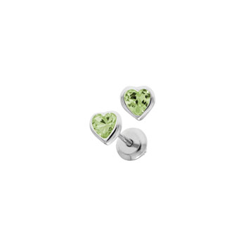 Heart August Birthstone Sterling Silver Rhodium CZ Screw Back Earrings for Babies & Toddlers - Heart CZ Peridot Birthstone - Safety threaded screw back post - BEST SELLER