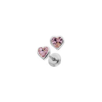 Heart October Birthstone Sterling Silver Rhodium CZ Screw Back Earrings for Babies & Toddlers - Heart CZ Pink Tourmaline Birthstone - Safety threaded screw back post - BEST SELLER