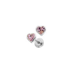 Heart October Birthstone Sterling Silver Rhodium CZ Screw Back Earrings for Babies & Toddlers - Heart CZ Pink Tourmaline Birthstone - Safety threaded screw back post - BEST SELLER/