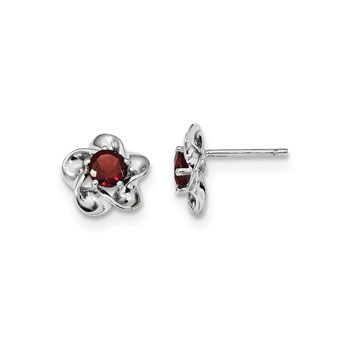 Girls Birthstone Flower Earrings - Genuine Garnet Birthstone - Sterling Silver Rhodium - Push-back posts