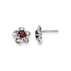 Girls Birthstone Flower Earrings - Genuine Garnet Birthstone - Sterling Silver Rhodium - Push-back posts/