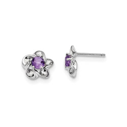 Girls Birthstone Flower Earrings - Genuine Amethyst Birthstone - Sterling Silver Rhodium - Push-back posts/