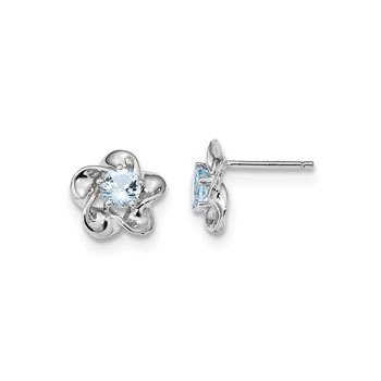 Girls Birthstone Flower Earrings - Genuine Aquamarine Birthstone - Sterling Silver Rhodium - Push-back posts