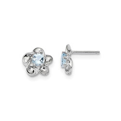 Girls Birthstone Flower Earrings - Genuine Aquamarine Birthstone - Sterling Silver Rhodium - Push-back posts/