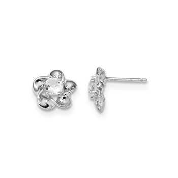 Girls Birthstone Flower Earrings - Genuine White Topaz Birthstone - Sterling Silver Rhodium - Push-back posts