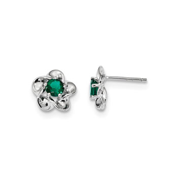 Girls Birthstone Flower Earrings - Created Emerald Birthstone - Sterling Silver Rhodium - Push-back posts