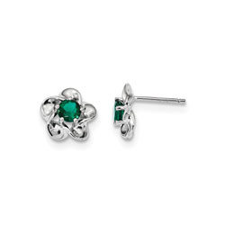 Girls Birthstone Flower Earrings - Created Emerald Birthstone - Sterling Silver Rhodium - Push-back posts/