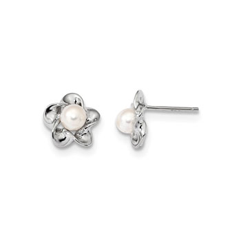 Girls Birthstone Flower Earrings - Freshwater Cultured Pearls - Sterling Silver Rhodium - Push-back posts