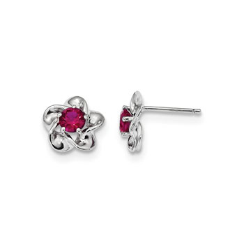 Girls Birthstone Flower Earrings - Created Ruby Birthstone - Sterling Silver Rhodium - Push-back posts
