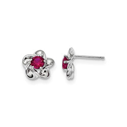 Girls Birthstone Flower Earrings - Created Ruby Birthstone - Sterling Silver Rhodium - Push-back posts/