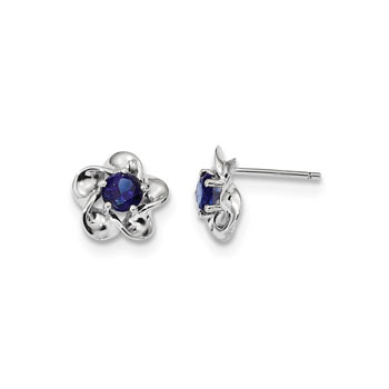 Girls Birthstone Flower Earrings - Created Blue Sapphire Birthstone - Sterling Silver Rhodium - Push-back posts