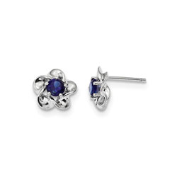 Girls Birthstone Flower Earrings - Created Blue Sapphire Birthstone - Sterling Silver Rhodium - Push-back posts/
