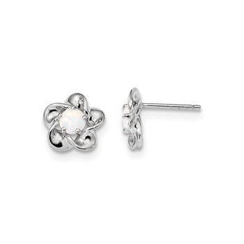 Girls Birthstone Flower Earrings - Created Opal Birthstone - Sterling Silver Rhodium - Push-back posts
