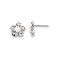 Girls Birthstone Flower Earrings - Created Opal Birthstone - Sterling Silver Rhodium - Push-back posts/