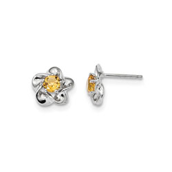 Girls Birthstone Flower Earrings - Genuine Citrine Birthstone - Sterling Silver Rhodium - Push-back posts/