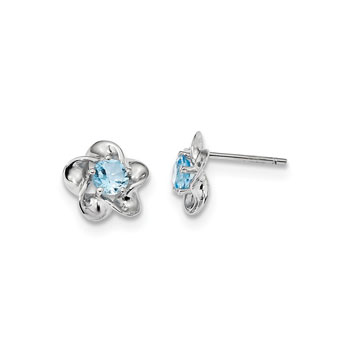 Girls Birthstone Flower Earrings - Genuine Blue Topaz Birthstone - Sterling Silver Rhodium - Push-back posts