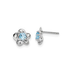 Girls Birthstone Flower Earrings - Genuine Blue Topaz Birthstone - Sterling Silver Rhodium - Push-back posts/