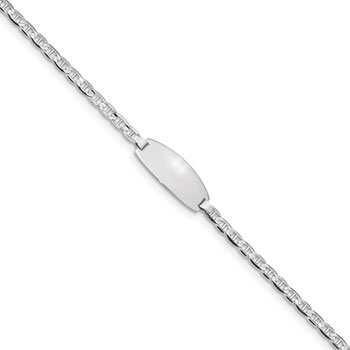 Engravable Oval ID Bracelet for Girls or Boys - Solid 14K White Gold - Anchor Link - Size 6" (SM Child - 13 years) - BEST SELLER