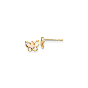 14K Yellow and Rose Gold CZ Butterfly Earrings for Girls - Push-Back Posts - BEST SELLER