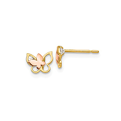 14K Yellow and Rose Gold CZ Butterfly Earrings for Girls - Push-Back Posts - BEST SELLER/