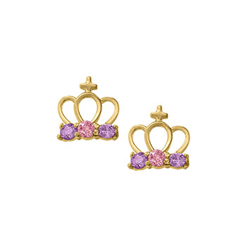 Princess Tiara Crown Earrings - Pink and Purple Genuine Cubic Zirconia - 14K Yellow Gold Screw Back Earrings for Girls - BEST SELLER