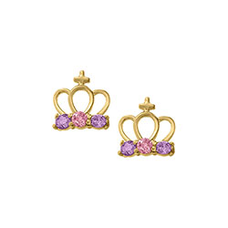 Princess Tiara Crown Earrings - Pink and Purple Genuine Cubic Zirconia - 14K Yellow Gold Screw Back Earrings for Girls - BEST SELLER/