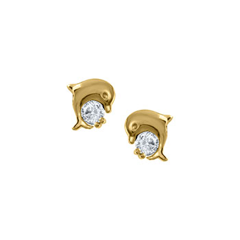 Adorable Little Girls Dolphin Earrings - Genuine Cubic Zirconia (CZ) - 14K Yellow Gold Screw Back Earrings for Girls - BEST SELLER