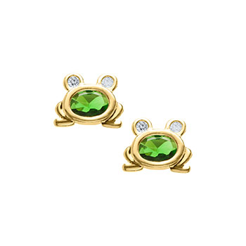 Adorable Frog Earrings - Green Genuine Cubic Zirconia - 14K Yellow Gold Screw Back Earrings for Girls - BEST SELLER