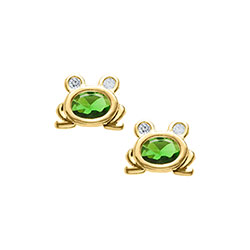 Adorable Frog Earrings - Green Genuine Cubic Zirconia - 14K Yellow Gold Screw Back Earrings for Girls - BEST SELLER/