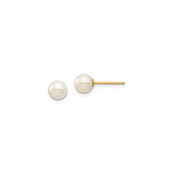 Girls White Freshwater Cultured Pearl Earrings - 14K Yellow Gold  -  Round 5 - 6mm