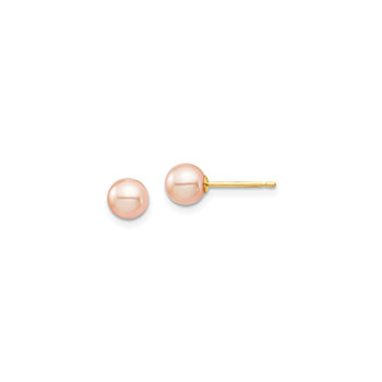 Girls Pink Freshwater Cultured Pearl Earrings - 14K Yellow Gold  -  Round 5 - 6mm