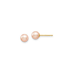 Girls Pink Freshwater Cultured Pearl Earrings - 14K Yellow Gold  -  Round 5 - 6mm/