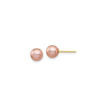 Girls Pink Freshwater Cultured Pearl Earrings - 14K Yellow Gold  -  Round 6 - 7mm