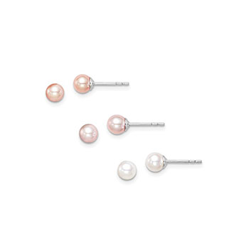 Girls Classic Pink, White, and Purple Freshwater Cultured Pearl Earring Set - Sterling Silver Rhodium  -  Round 4 - 5mm - Three Pairs of Pearl Earrings Included in this Set