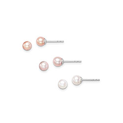Girls Classic Pink, White, and Purple Freshwater Cultured Pearl Earring Set - Sterling Silver Rhodium  -  Round 4 - 5mm - Three Pairs of Pearl Earrings Included in this Set/
