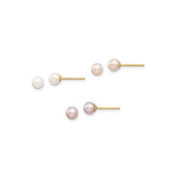Girls Classic Pink, White, and Purple Freshwater Cultured Pearl Earring Set - 14K Yellow Gold  -  Round 4 - 5mm - Three Pairs of Pearl Earrings Included in this Set